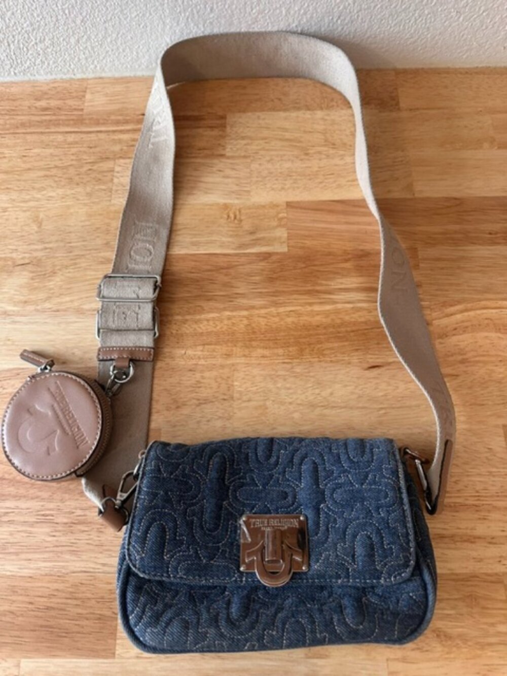 True Religion | Blue Denim Logo Crossbody BagTan Attachable Zip Coin Purse